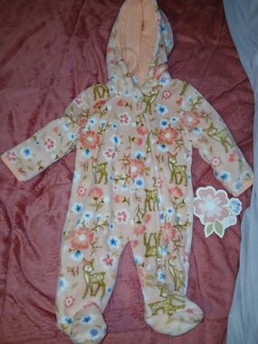 Little Beginnings Cozy Peach Floral & Fawn Hooded One-Piece for Kids NWT